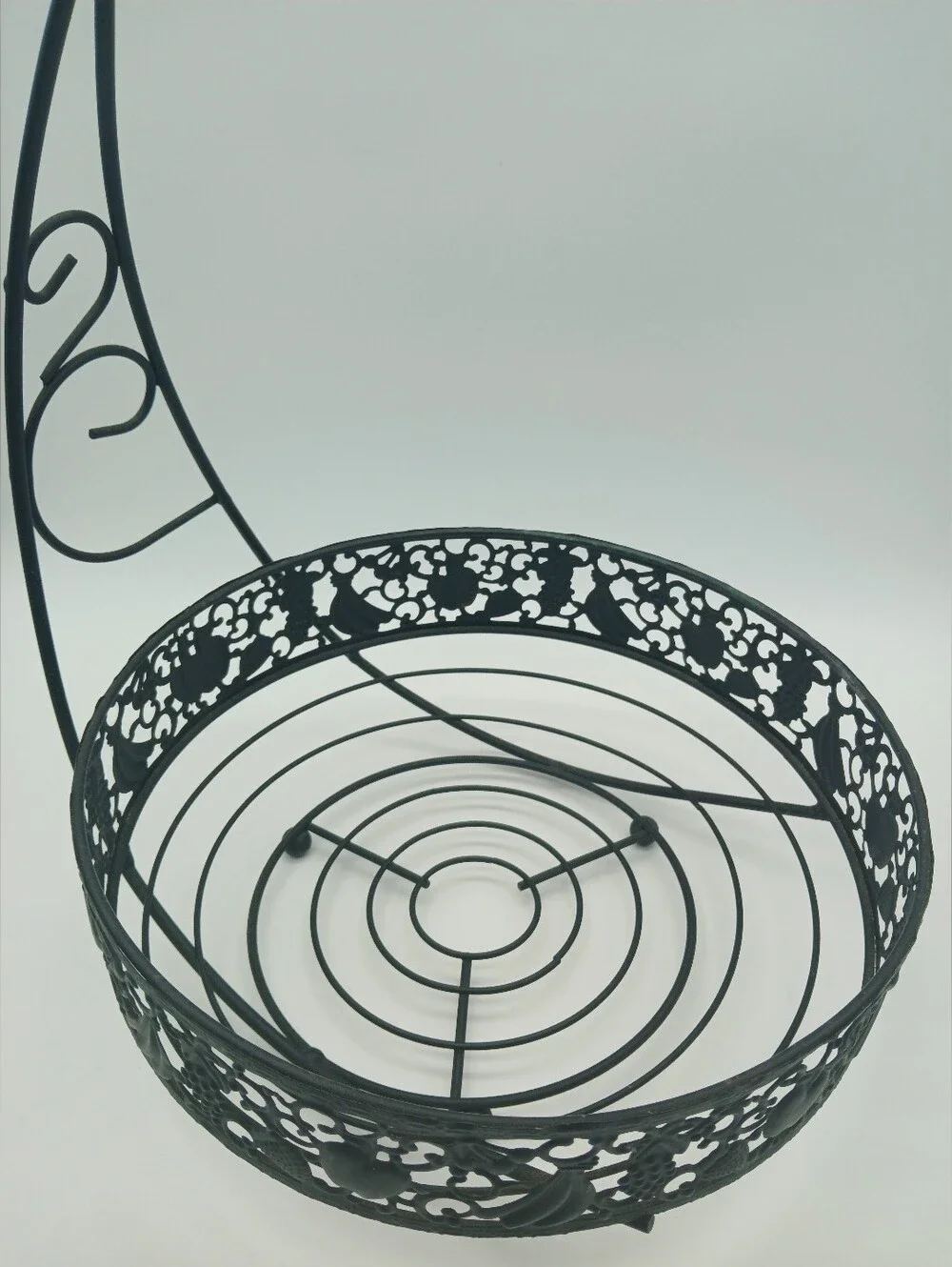 Ornate Fruit Basket with Banana Tree Hanger | Round Metal Fruit Storage Bowl